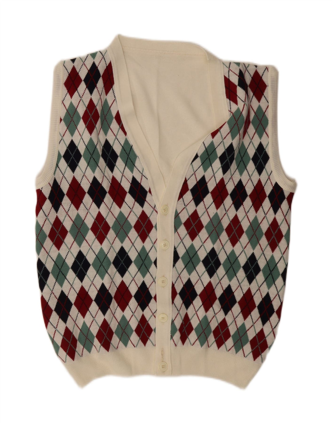 Maglione cardigan senza maniche vintage da uomo grande bianco a rombi/diamante