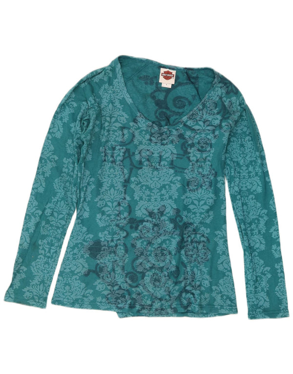 Maglietta da donna Harley Davidson a maniche lunghe UK 14 Large Blue Paisley Cotton