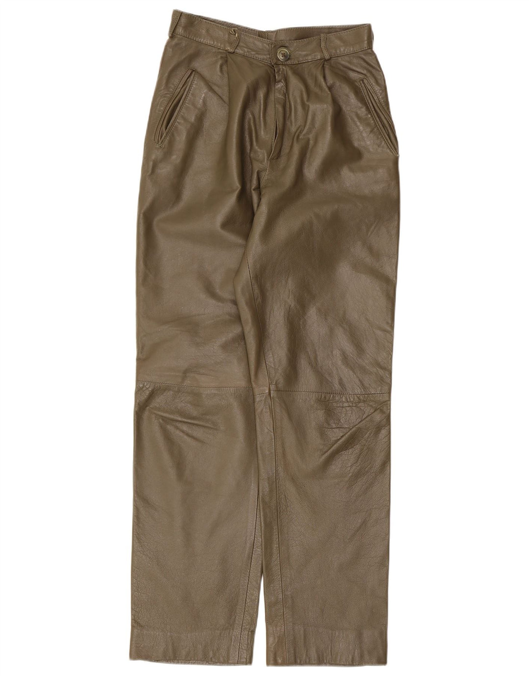 Pantaloni dritti in pelle vintage da donna W26 L29 color kaki