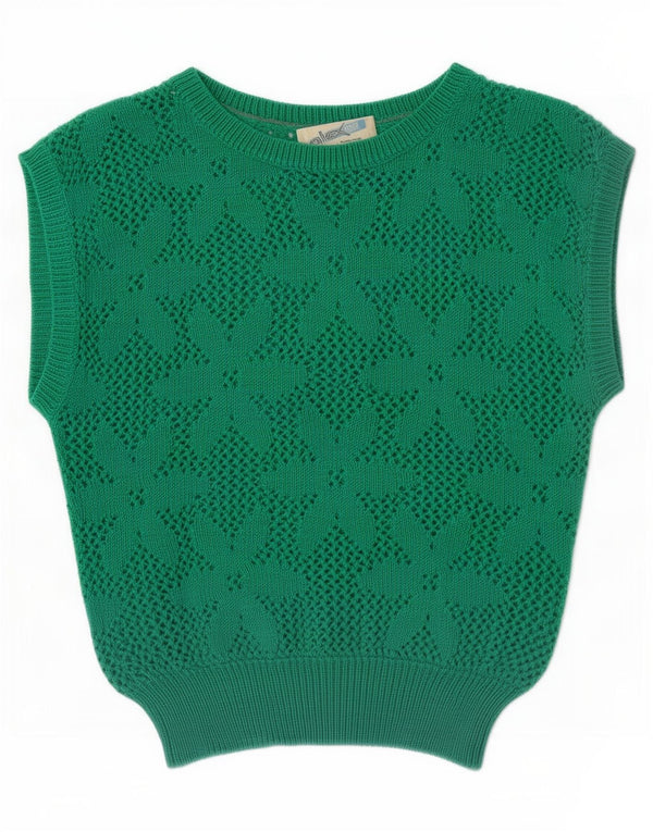 Canotta vintage da donna all'uncinetto corta UK 12 Acrilico floreale verde medio