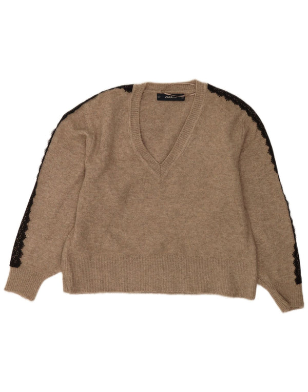 Maglione oversize con scollo a V da donna Zara UK 10 piccolo acrilico beige