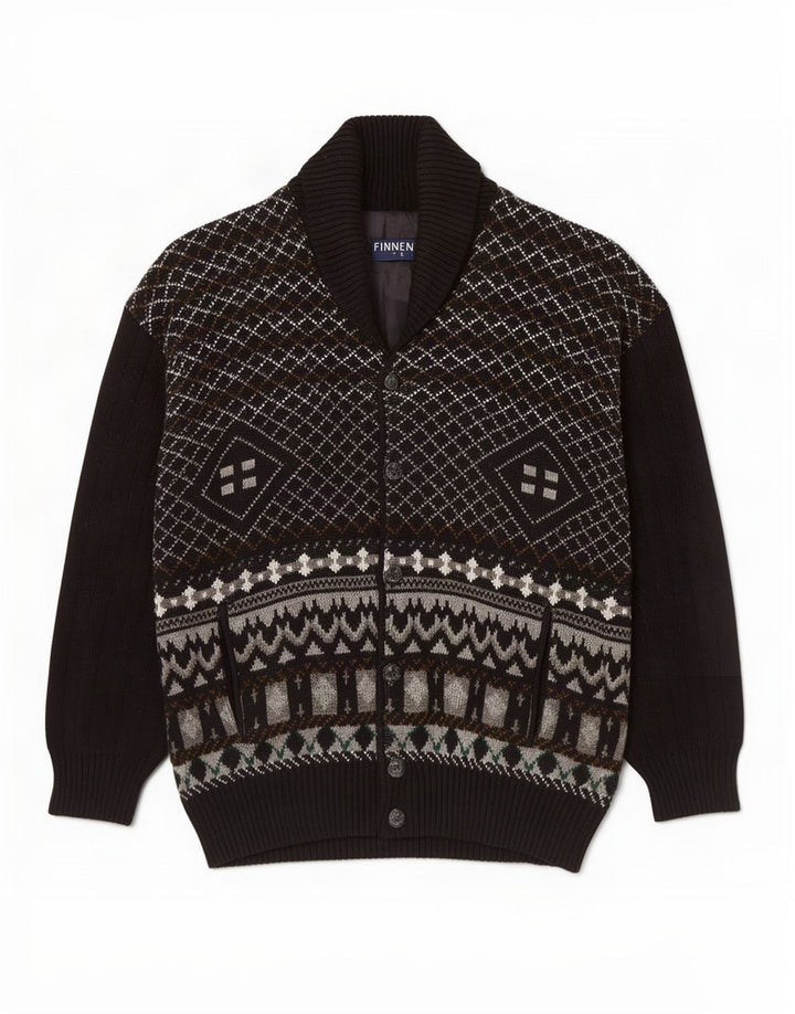 Maglione cardigan da uomo Finnegan grande acrilico nero Fair Isle