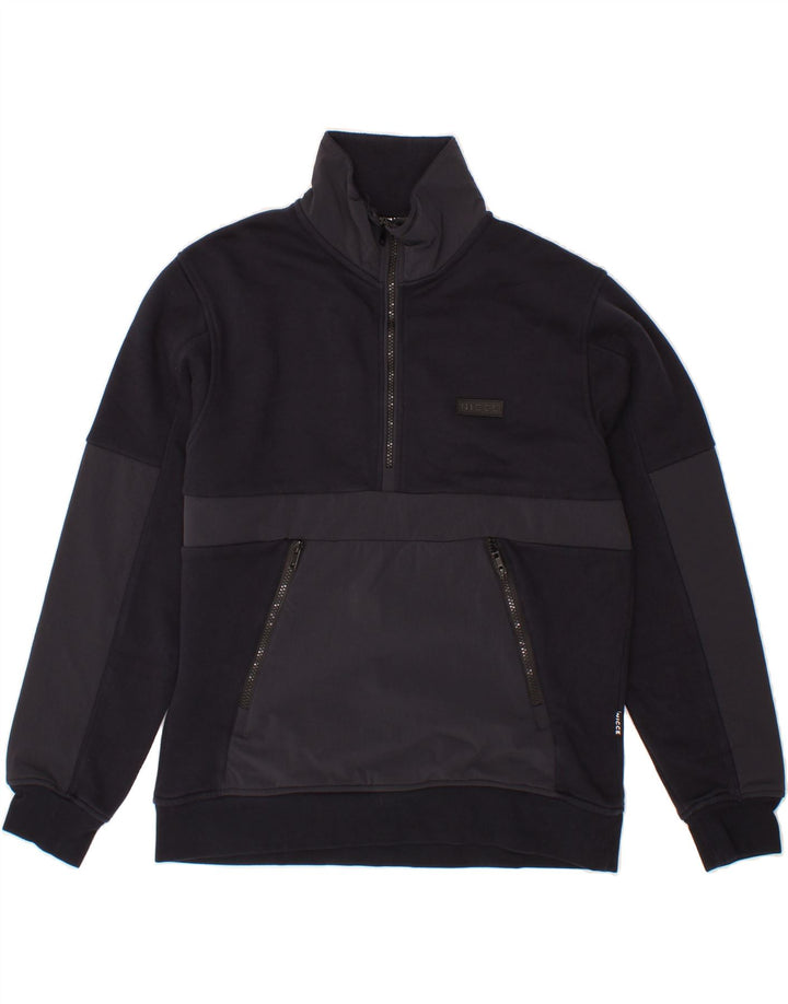 NICCE Mens Zip Neck Sweatshirt Jumper Medium Navy Blue Colourblock Vintage Nicce and Second-Hand Nicce from Messina Hembry 