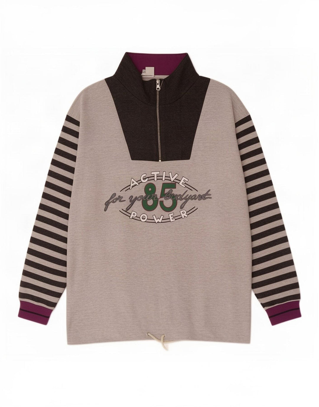 Felpa vintage da uomo con collo con zip grafica, maglione a righe grigie grandi