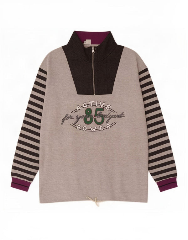 Felpa vintage da uomo con collo con zip grafica, maglione a righe grigie grandi