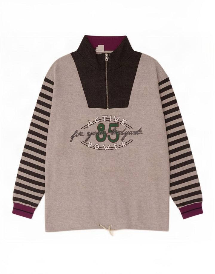 Felpa vintage da uomo con collo con zip grafica, maglione a righe grigie grandi