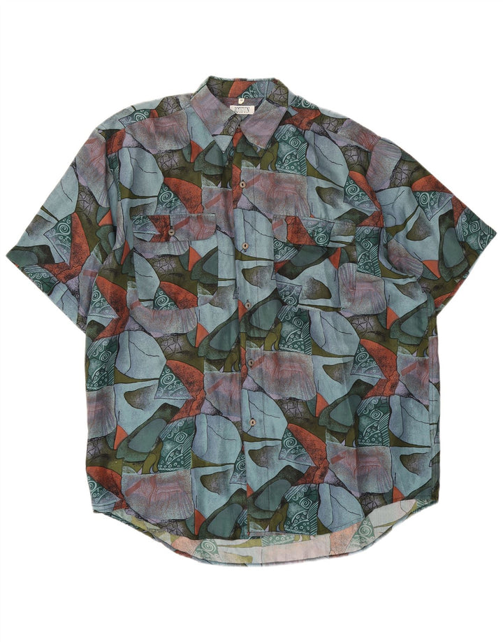Camicia a maniche corte vintage da uomo con motivo astratto in seta media multicolore