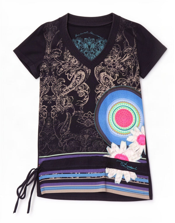Desigual T-shirt grafica da donna Top UK 12 Medium Navy Blue Paisley Cotton
