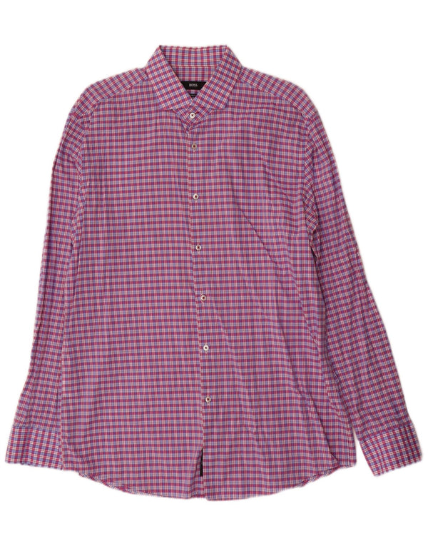 Camicia slim fit da uomo Hugo Boss taglia 43 17 XL cotone a quadri viola