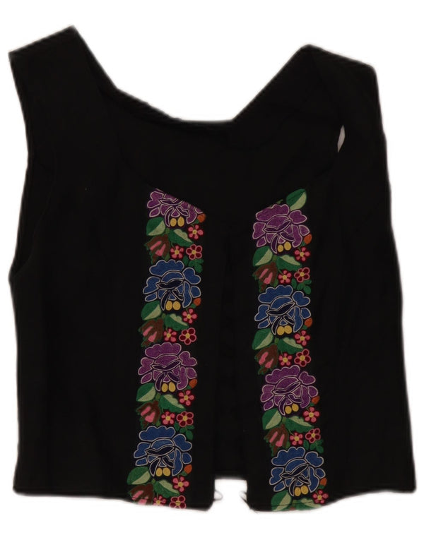 Top cardigan senza maniche corto da donna vintage UK 8 piccolo floreale nero