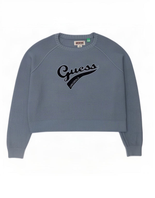 Guess Maglione da donna con scollo a barca con grafica corta oversize UK 6 XS Blu