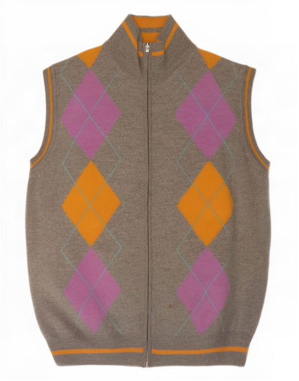 Maglione cardigan senza maniche vintage da uomo grande grigio a rombi/diamante