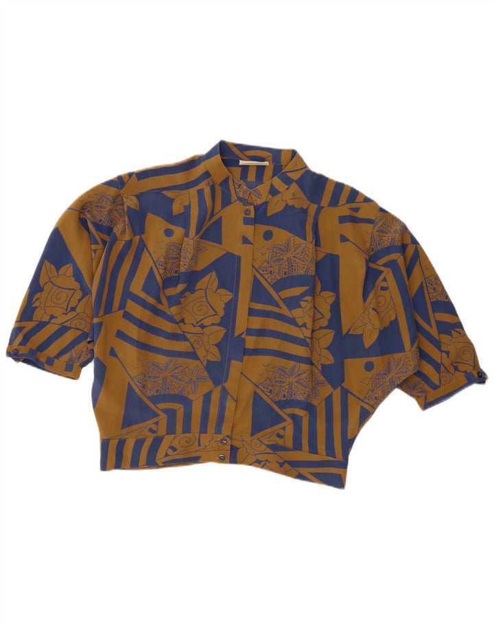 Camicetta camicia a maniche corte da donna VINTAGE IT 46 grande seta floreale marrone