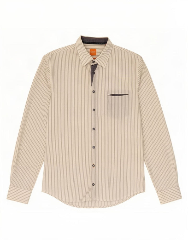 Camicia slim fit da donna Hugo Boss in cotone gessato bianco medio