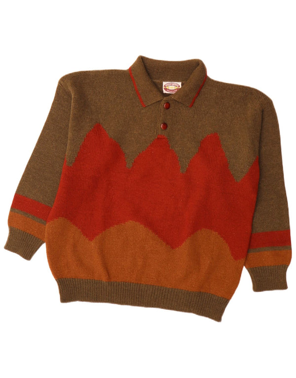 Maglione vintage da uomo con collo a polo, grande lana di alpaca color block marrone
