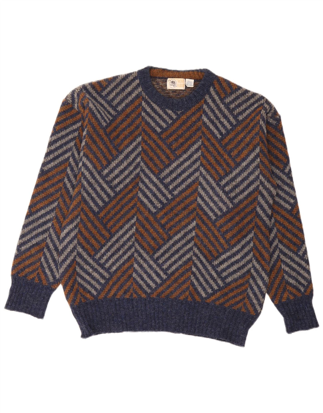 Maglione girocollo da uomo vintage in lana Chevron multicolore grande