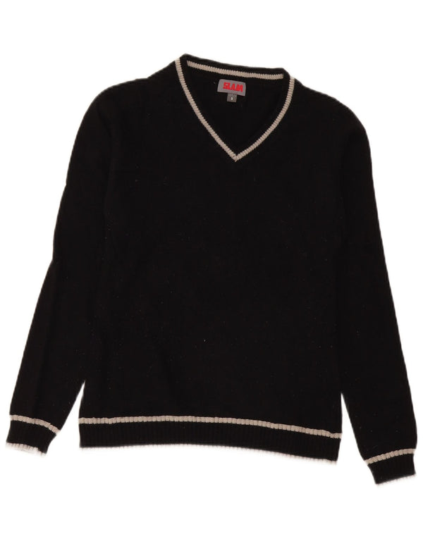 Maglione da donna con scollo a V Slam UK 10 Lana merino a righe nere piccole