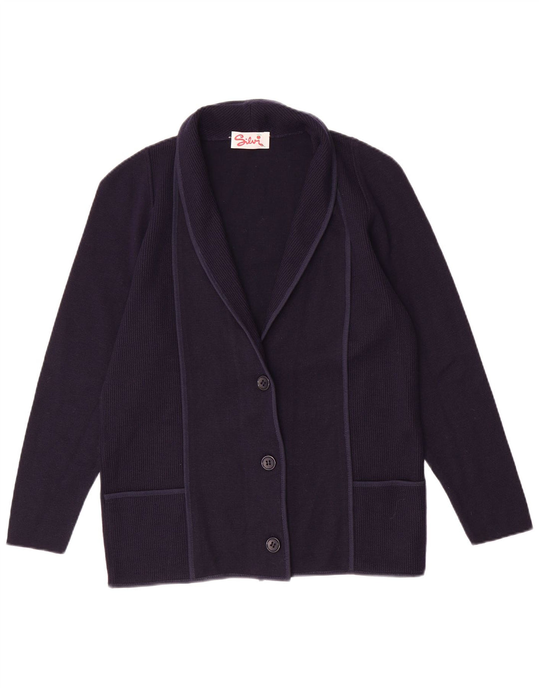 Maglione cardigan da donna vintage IT 46 Large blu navy in poliacrilico