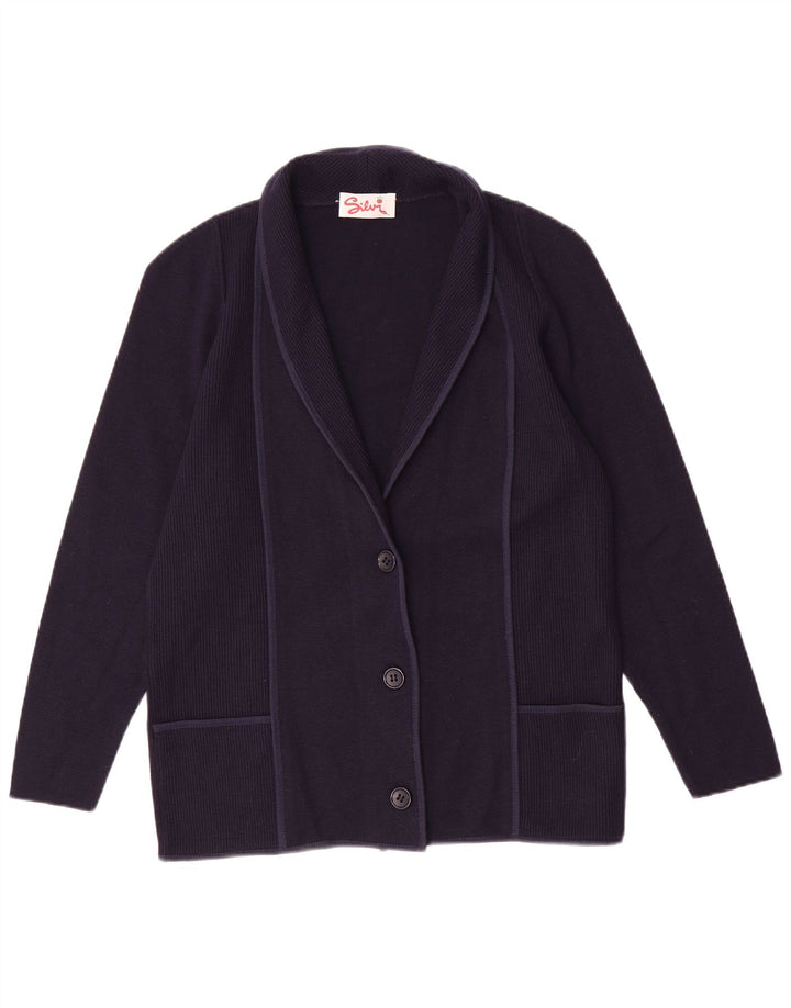 Maglione cardigan da donna vintage IT 46 Large blu navy in poliacrilico