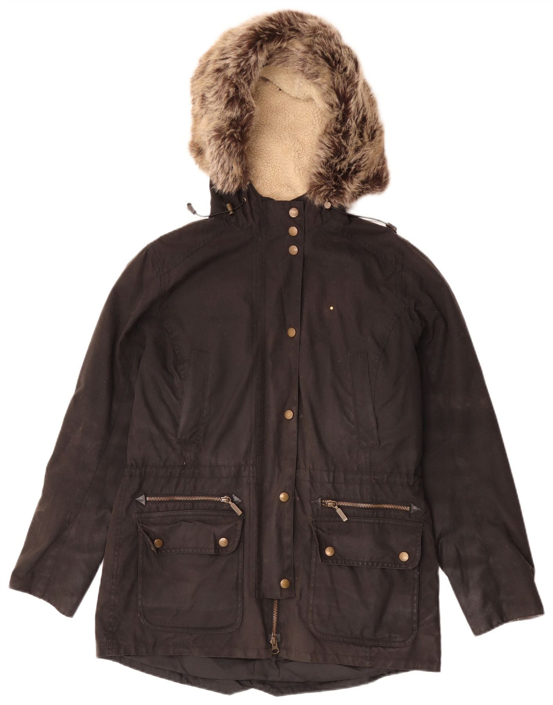 Giacca da donna in cotone cerato con cappuccio Barbour UK 12 medio nero