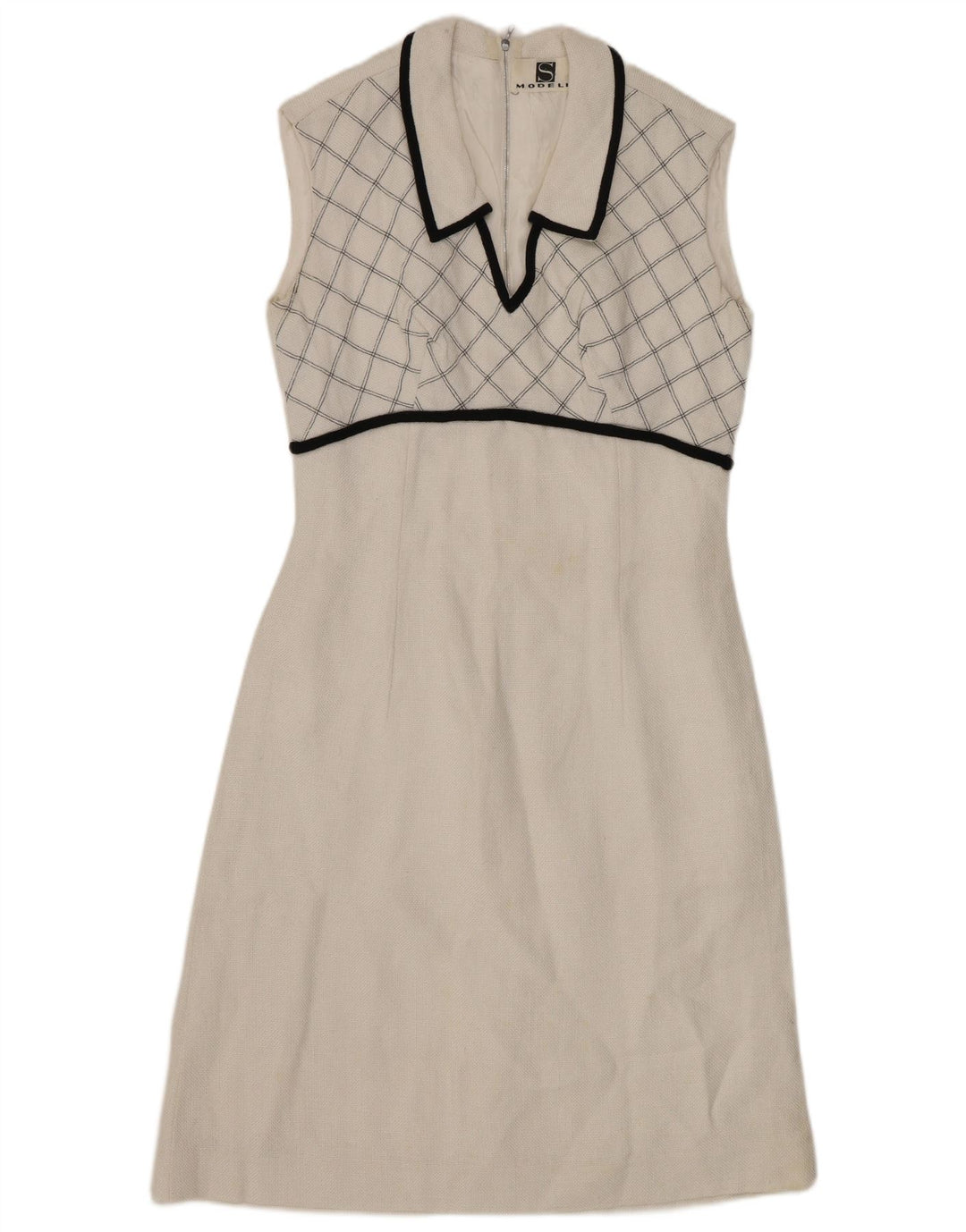 Abito a trapezio senza maniche da donna VINTAGE UK 8 piccoli quadri bianchi