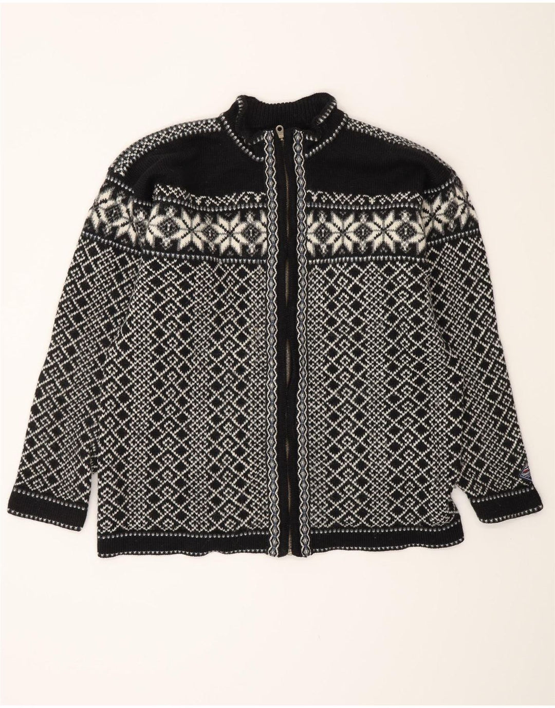 Maglione cardigan da uomo VINTAGE grande Fair Isle nero