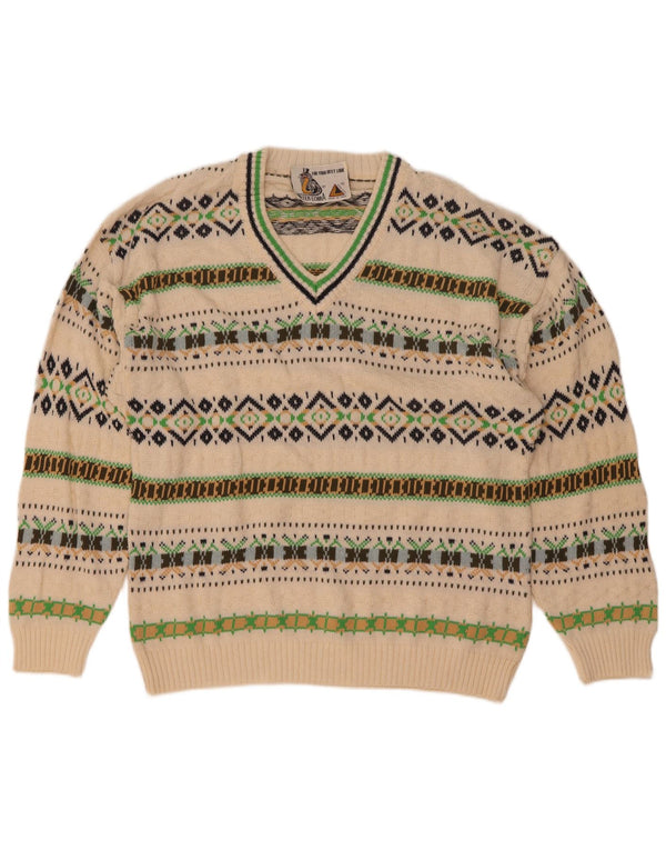 Maglione vintage da uomo con scollo a V in cotone geometrico bianco medio