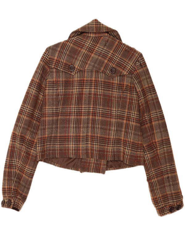 Cappotto da marinaio corto da donna vintage UK 16 grande lana a quadri marrone