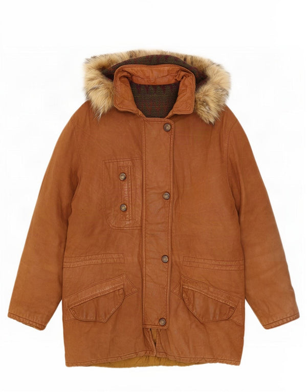 Cappotto in pelle con cappuccio da donna vintage UK 14 grande marrone