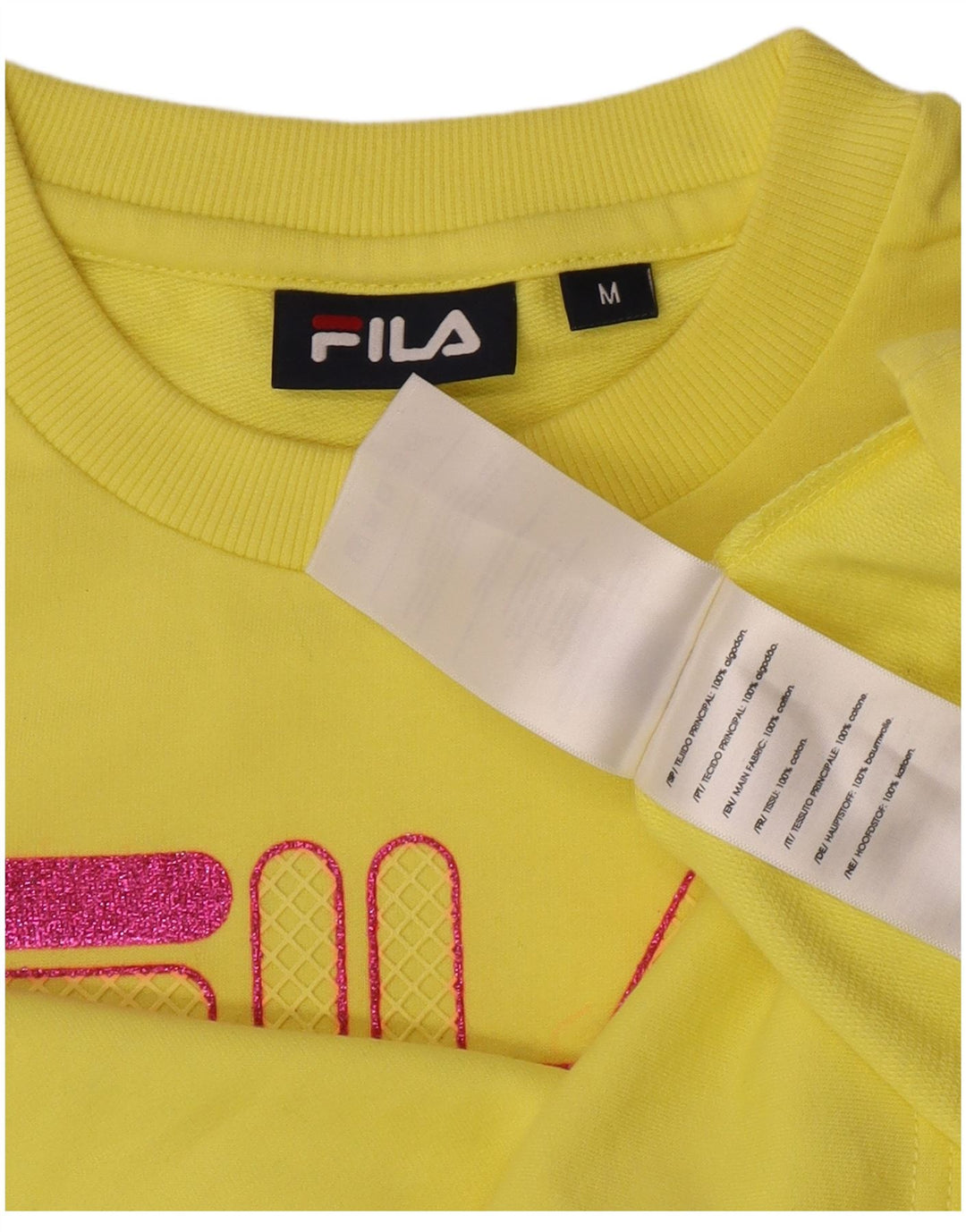 Top corto grafico da donna Fila manica lunga UK 14 cotone giallo medio