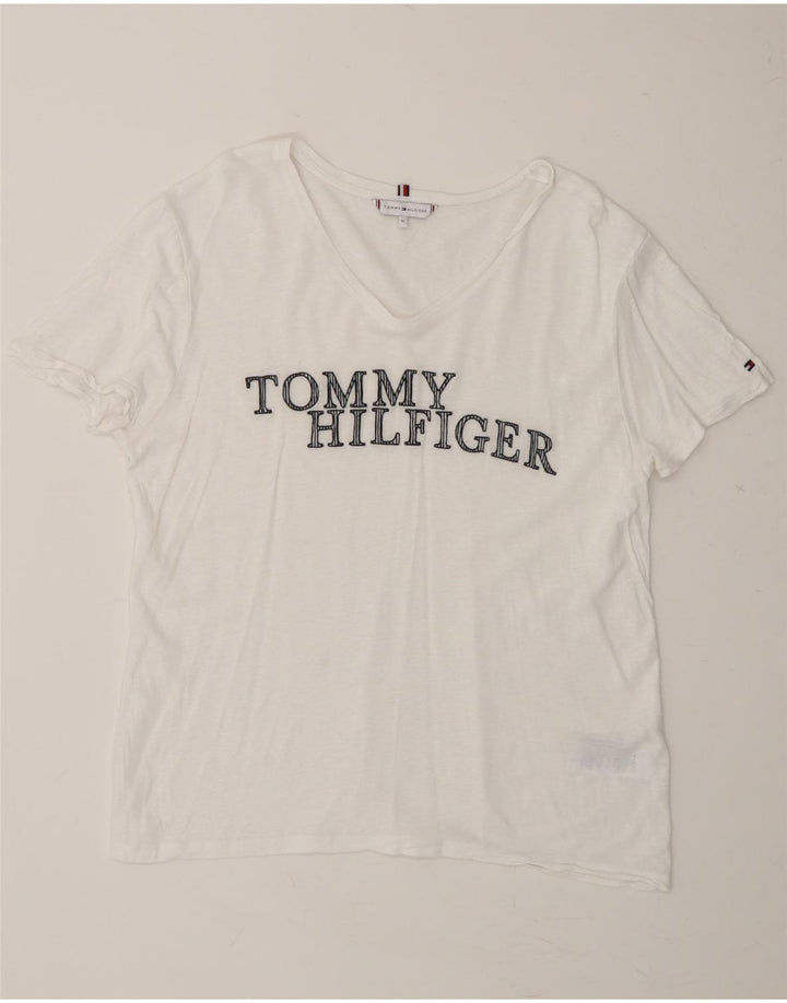 TOMMY HILFIGER Womens Graphic T-Shirt Top UK 14 Medium White Lyocell Vintage Tommy Hilfiger and Second-Hand Tommy Hilfiger from Messina Hembry 