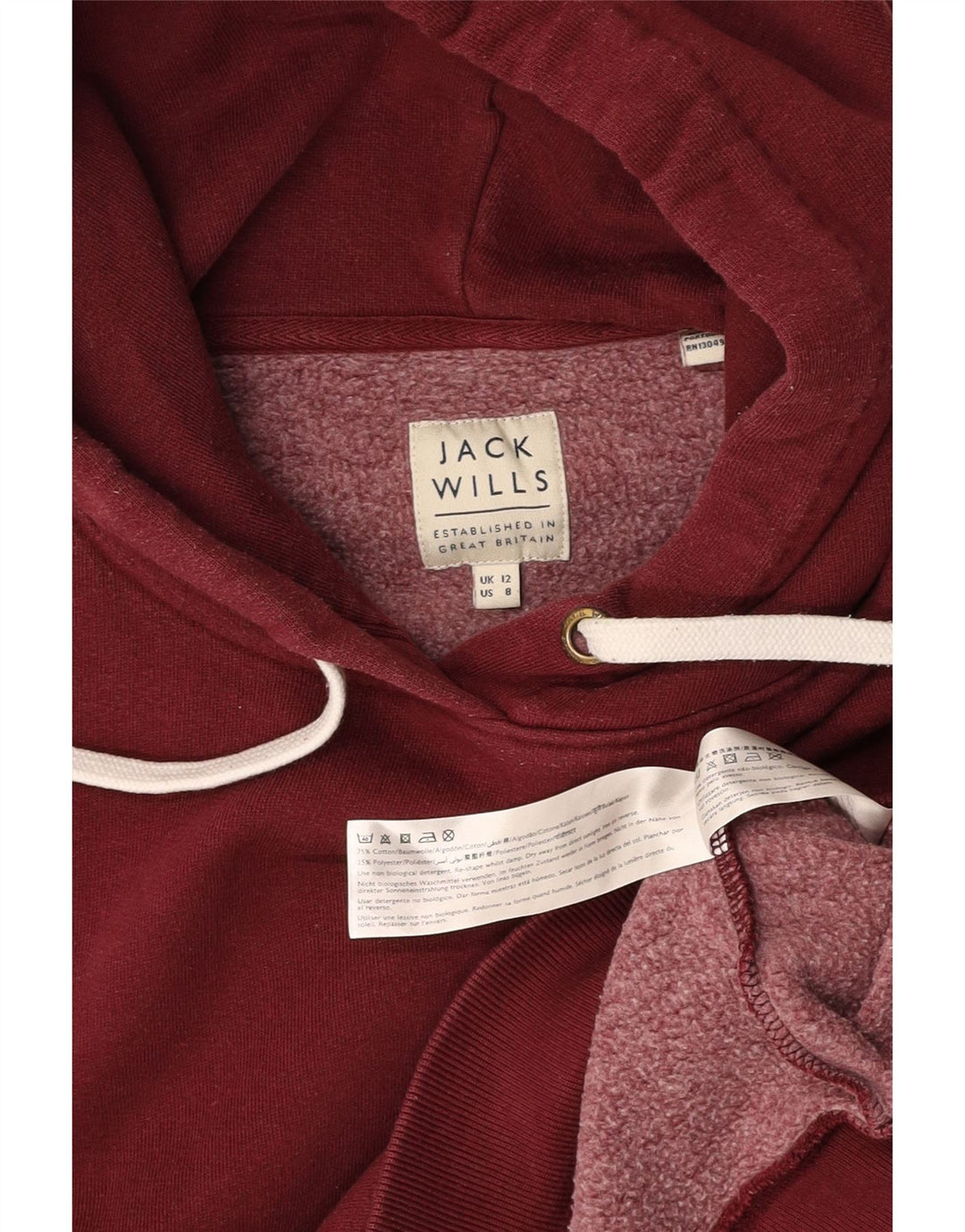 JACK WILLS Felpa con cappuccio grafica da donna UK 12 Cotone bordeaux medio