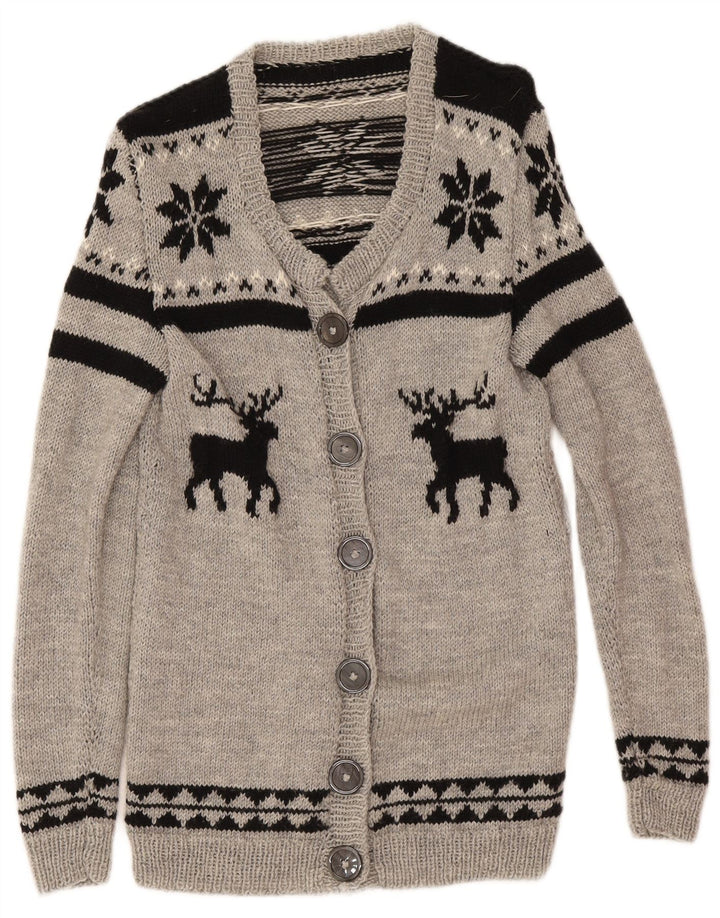 Maglione cardigan da donna vintage UK 12 Grigio medio Fair Isle