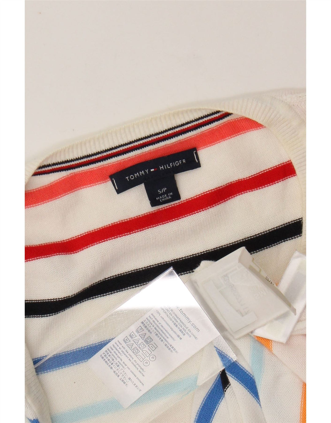 TOMMY HILFIGER Maglione da donna con scollo a V UK 10 Piccolo a righe bianche