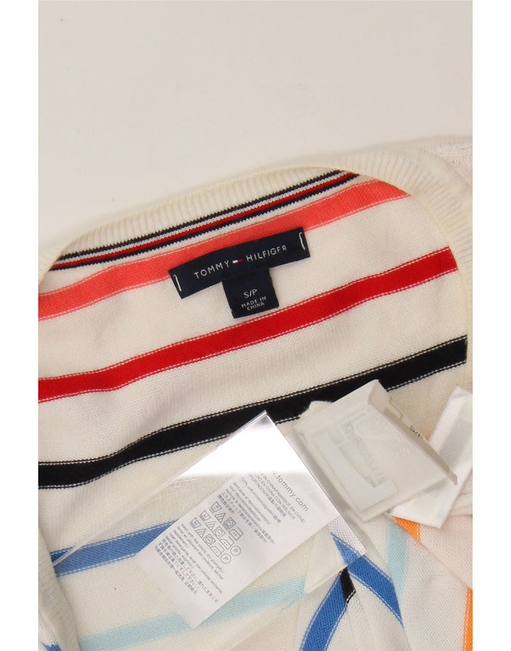 TOMMY HILFIGER Maglione da donna con scollo a V UK 10 Piccolo a righe bianche