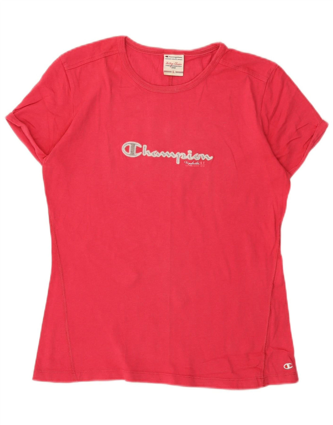 CHAMPION T-shirt grafica da donna Heritage Classics Top UK 14 Large Rosa