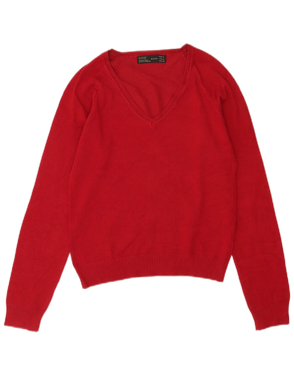 Maglione corto con scollo a V da donna Zara UK 12 Cotone bordeaux medio