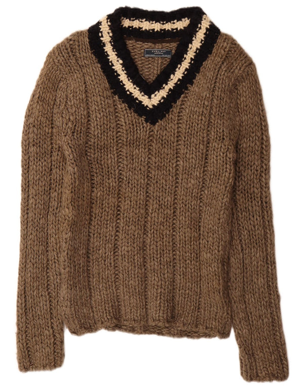 Maglione Zara da uomo con scollo a V, acrilico a righe marroni grandi