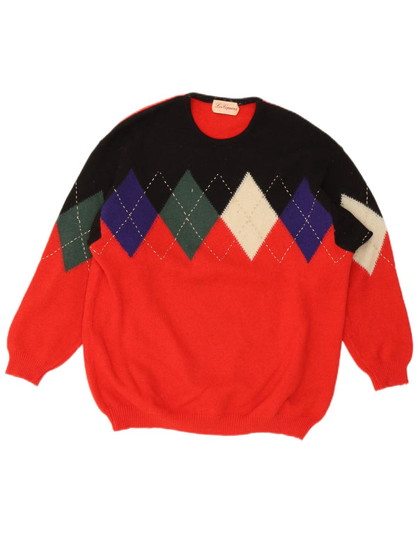 Vintage Womens Crew Neck Jumper Sweater UK 14 Large Red Argyle/Diamond Wool