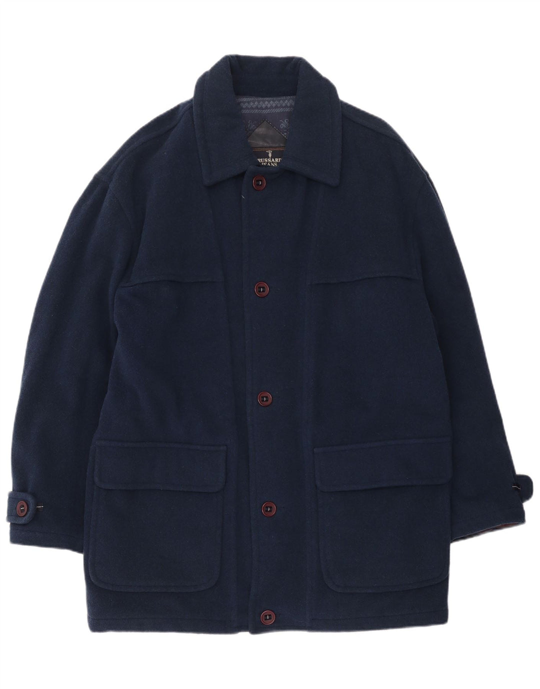 Cappotto da uomo Trussardi Jeans UK 40 Large in lana blu navy