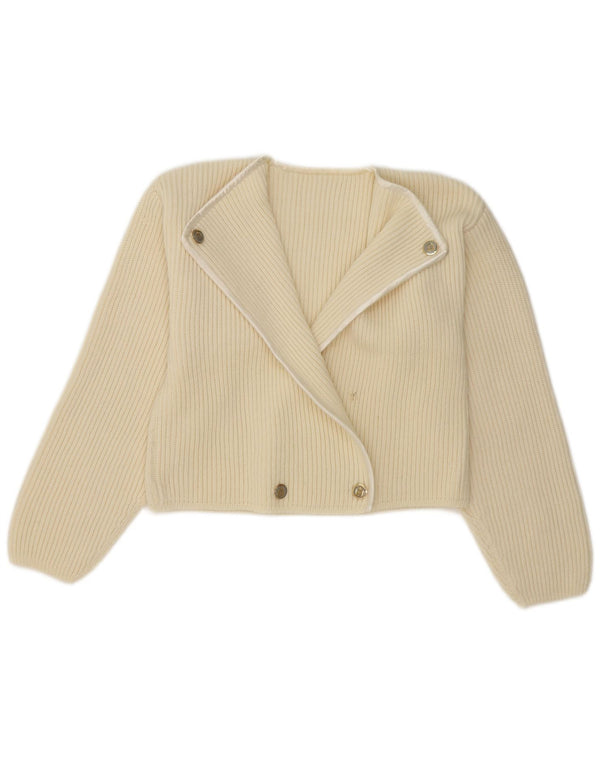 Maglione cardigan doppiopetto corto da donna vintage UK 14 medio bianco sporco