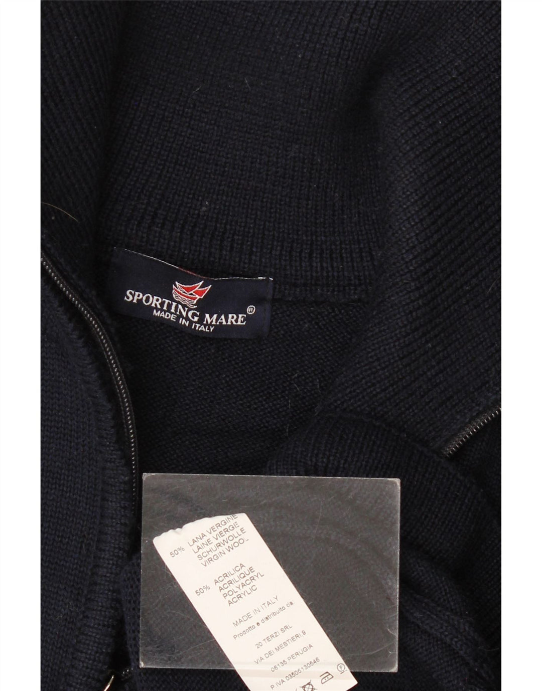 Sporting Mare Maglione da uomo con zip e collo grande in lana vergine blu navy
