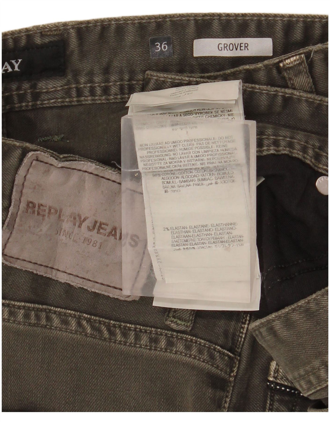 REPLAY Jeans Grover Slim da uomo W36 L32 cotone kaki