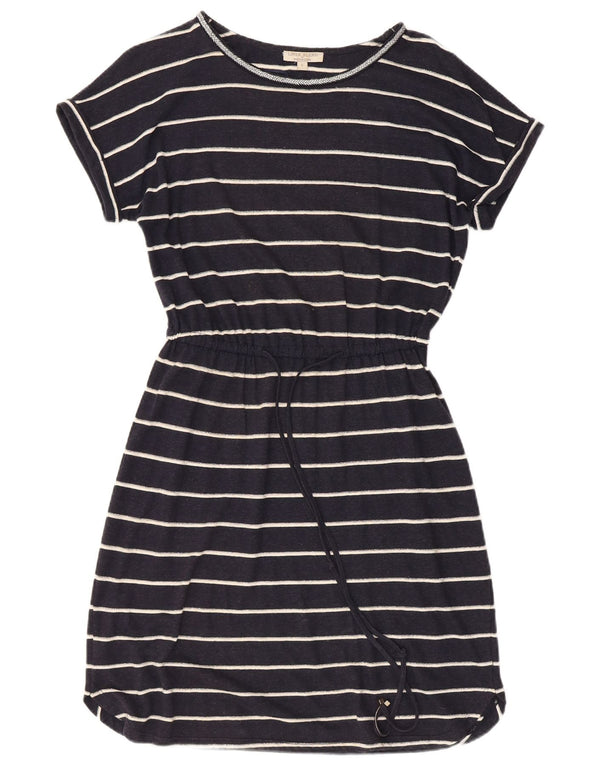 MONSOON Abito T-shirt da donna UK 10 Piccolo lino a righe blu navy
