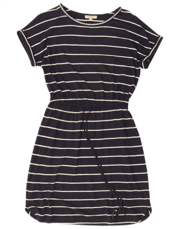 MONSOON Abito T-shirt da donna UK 10 Piccolo lino a righe blu navy