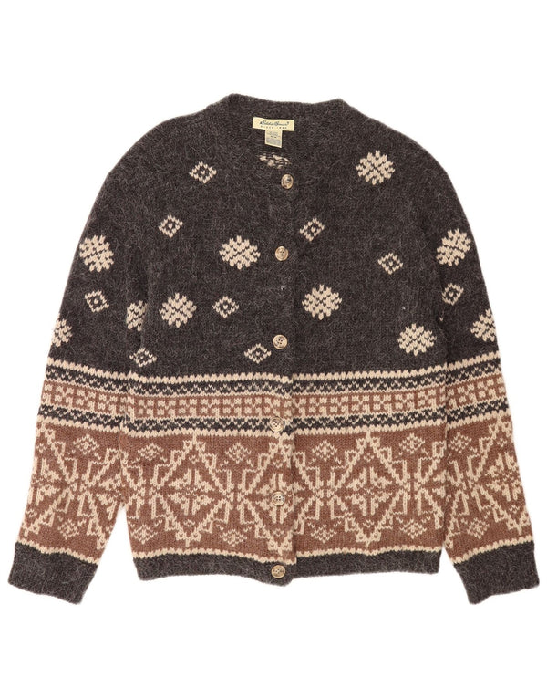 Eddie Bauer Womens Cardigan Sweater UK 14 Medium Grey Fair Isle Wool