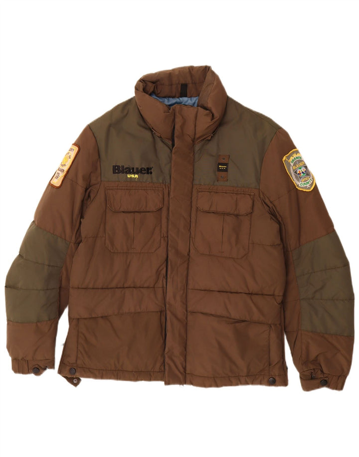 Blauer Giacca imbottita grafica da uomo UK 38 Nylon color block marrone medio