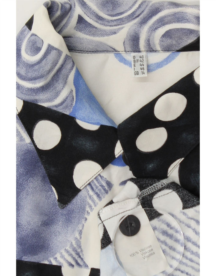 Camicia vintage da donna a maniche corte camicetta UK 14 grande viscosa patchwork blu