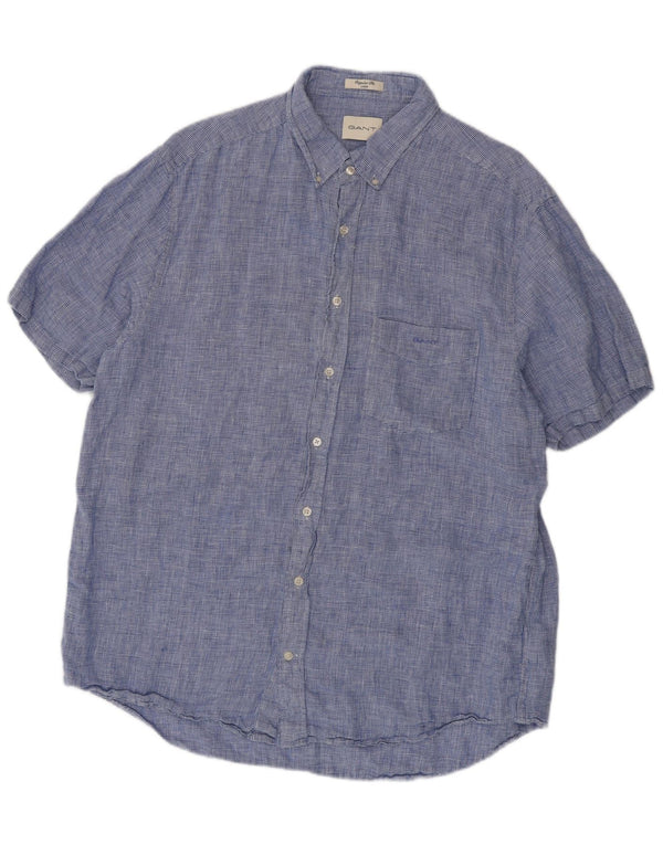 GANT Camicia a maniche corte da uomo Taglia 45/46 2XL Lino pied de poule blu