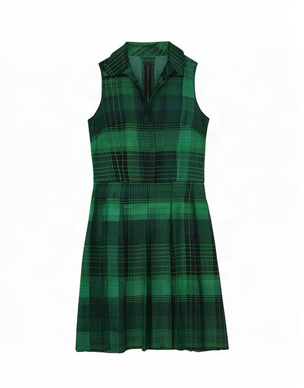 Abito vintage da donna senza maniche a trapezio UK 12 verde medio a quadri